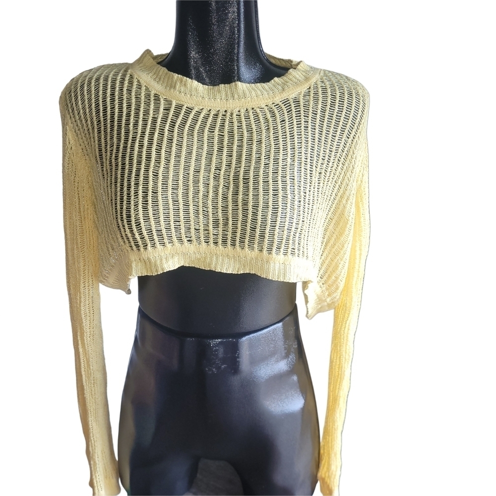 Shein Yellow Mesh Knit Cropped Long Sleeve Top Size L